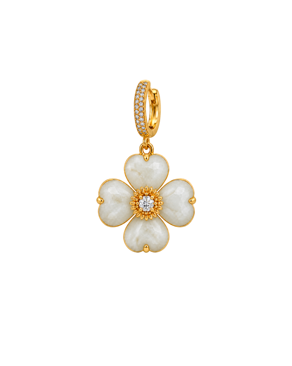 Bloom Flower Charm de piedra luna blanca natural con zirconia blanca