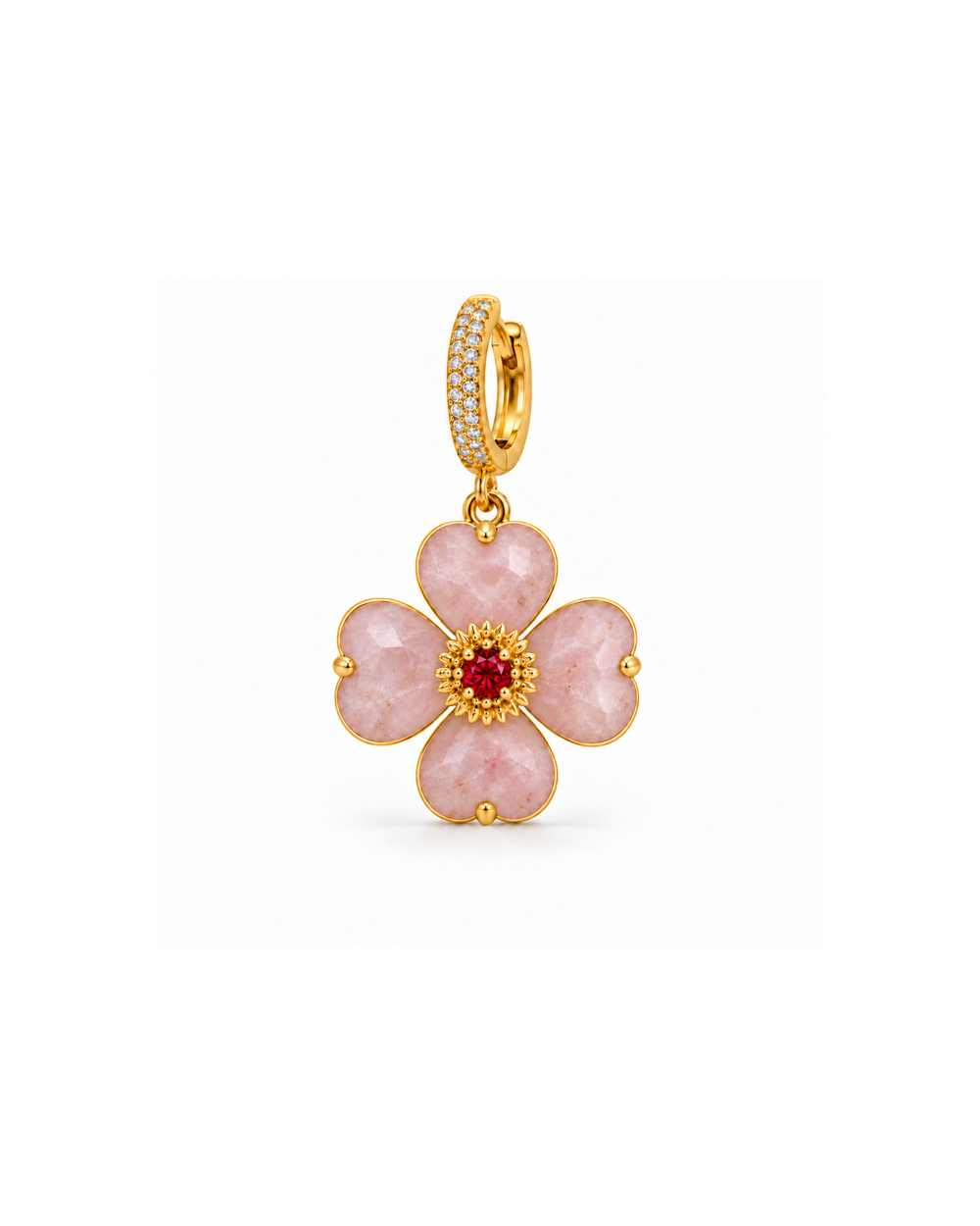 Bloom Flower Charm de cuarzo rosa natural con zirconia roja