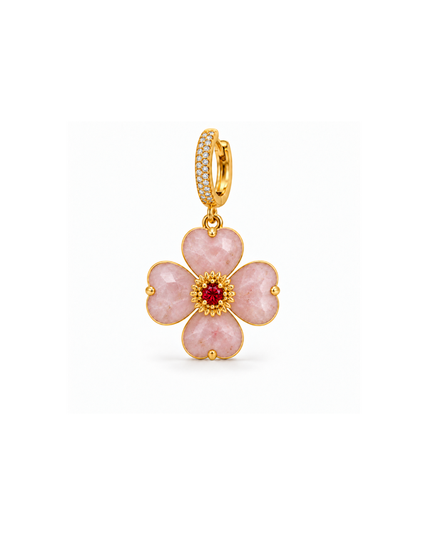 Bloom Flower Charm de cuarzo rosa natural con zirconia roja