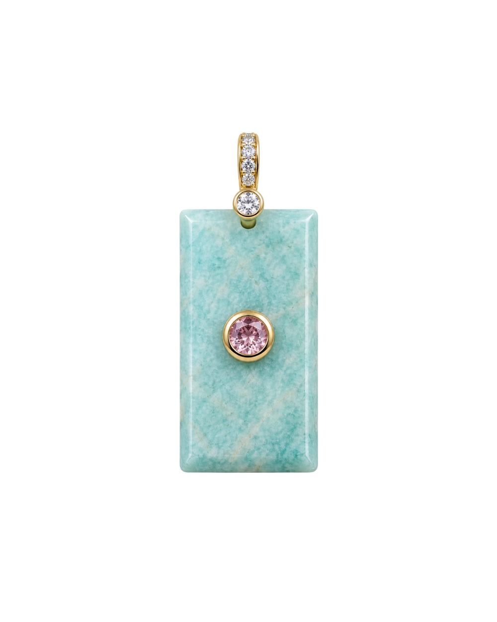 Charm de placa de amazonita natural con gema rosa y zirconias